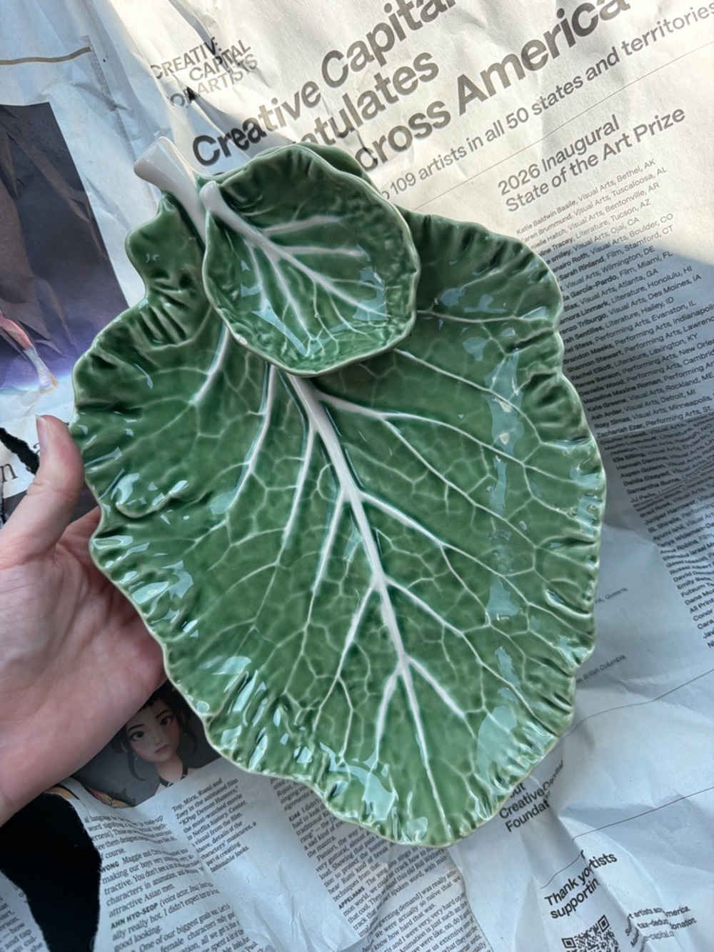 Vtg Bordallo Pinheiro Lettuce Ware Kale Cabbage Leaf Dipping Serving Plate Dish